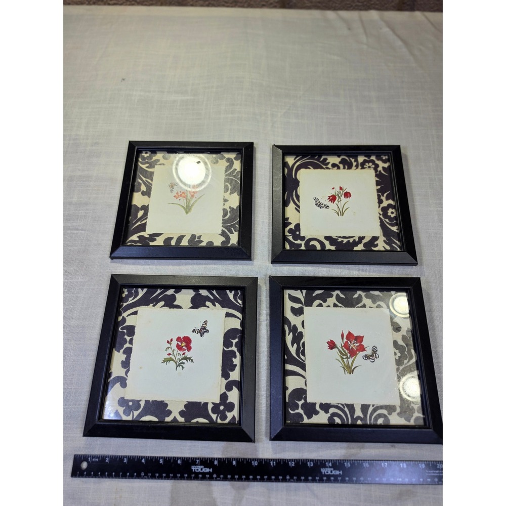 Home Interiors Set of 4 Framed Floral Butterfly Damask Wall Art Black Red 8.5in
